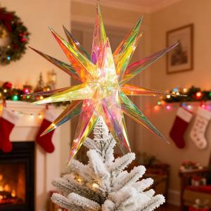 14'' Large Moravian Star Outdoor Light Hanging Christmas Tree Topper with LED Light 3D Iridescent Christmas Moravian Star for Christmas Holiday Home Porch Xmas Indoor/Outdoor Decor