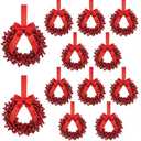 Zeyune 10 Pcs Small Christmas Wreaths for Kitchen Cabinets with Bow Ribbon Mini Cabinet Door Wreath Set Hanging Christmas Decor for Kitchen Window Outdoor Indoor, 14.96 x 7.87''(Red Berry)