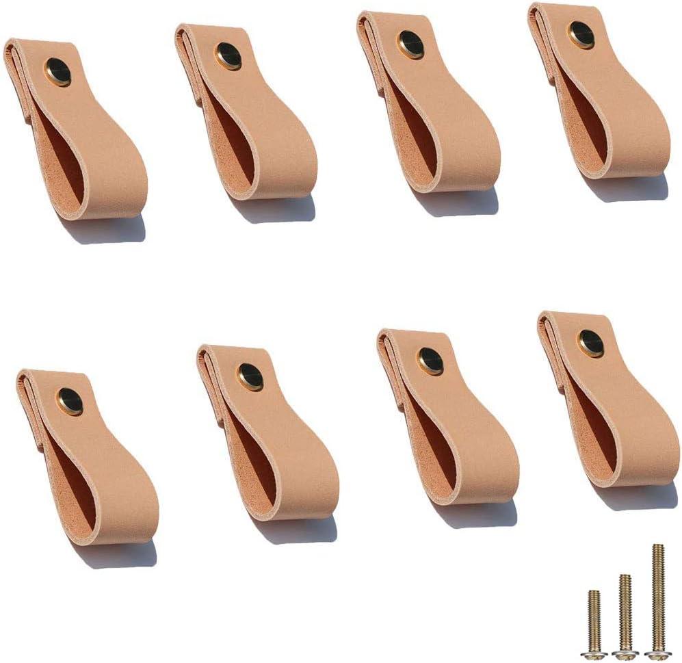 8 Pack Soft Genuine Leather Drawer Pulls Handle,Wardrobe Cabinets Kitchen Closet Knobs Door Pulls Handles knobs with Screws,Home Decoration, Handmade (8 Pack, 2.6" Single Hole - Yellow)