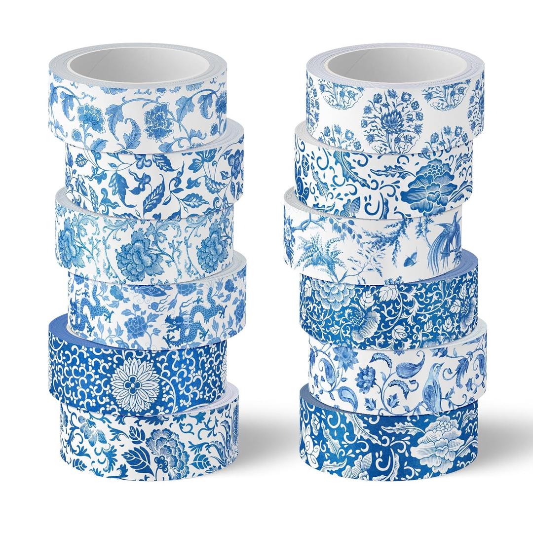 Whaline 12 Rolls Blue Floral Washi Tape Chinoiserie Flower Washi Tape Vintage Masking Decorative Gift Wrapping Paper Tape for DIY Craft Scrapbook Envelope Party Favor Supplies
