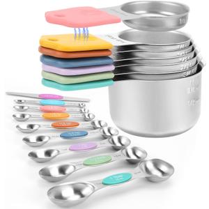 Magnetic Measuring Cups and Spoons Set-Heavy Duty 304 Stainless SteelDouble Measurement MarkingsSet of 16 with Leveler for Measure Dry and Liquid Ingredients (Color)