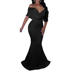 GOBLES Women Sexy V Neck Off The Shoulder Evening Gown Fishtail Maxi Dress, Medium