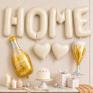 40 Inch Home Balloons Beige, Housewarming Party Decorations Set with Bottle Balloon Glass Foil Balloon Heart Balloons for Homecoming Cream New Home Letter Banner Welcome Sign Party Decor