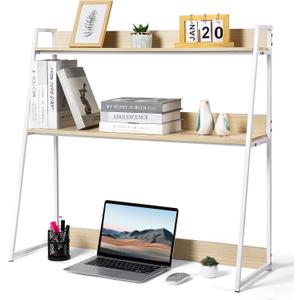 2-Tier Desktop Bookshelf & Hutch - Fits Over Large Monitors - Modern Desk Organizer with Metal Frame - Vertical Storage for Small Desks, Home Office, Dorm, Makeup Vanity (Blonde Wood/White), 37.4 x 12.6 x 35.4 inches