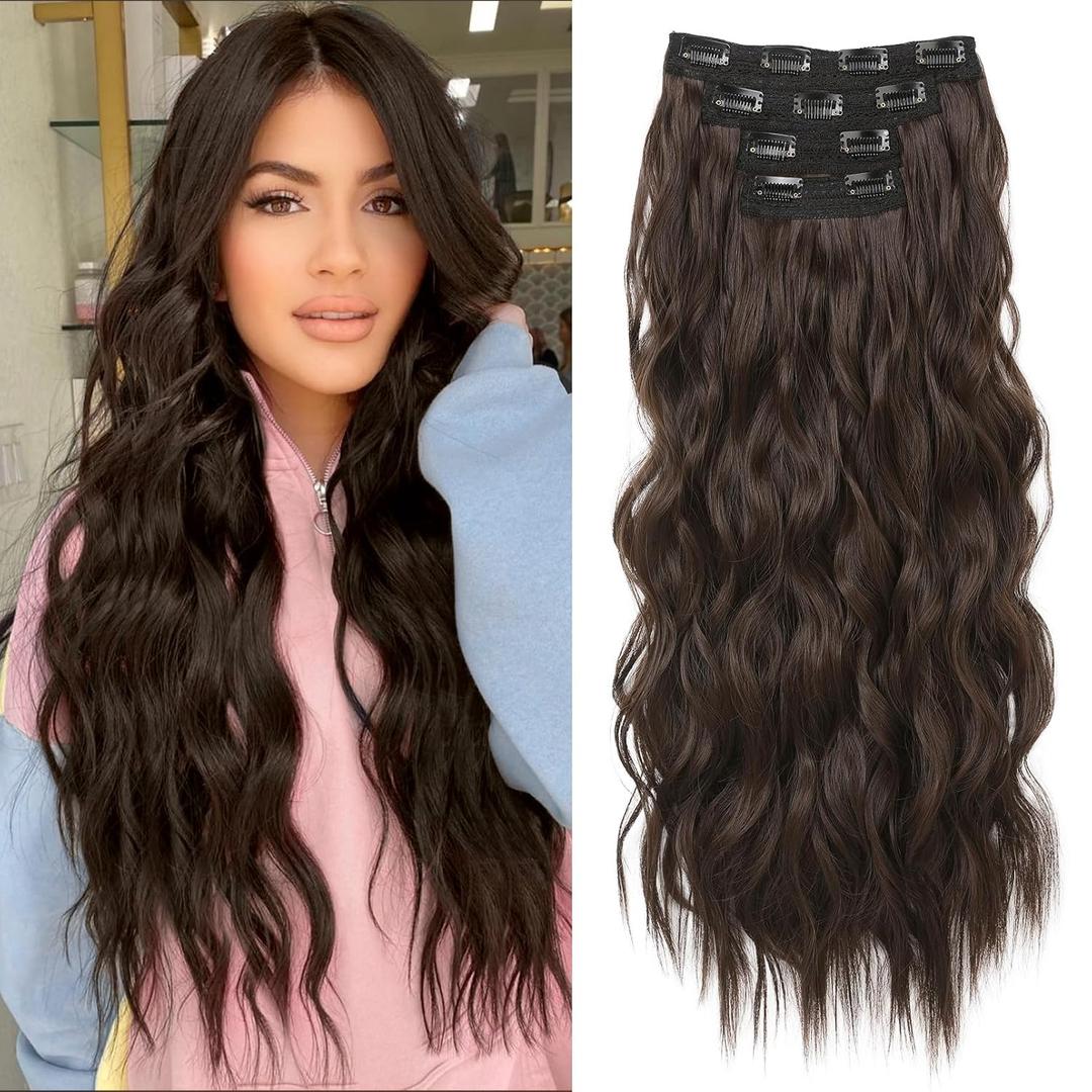 REECHO Clip in Hair Extensions, 4PCS Blonde Hair Extensions 24" Thick Long Beach Waves hair extensions HE003 Invisible Lace Weft Natural Soft Hairpieces for Women  Chocolate Brown