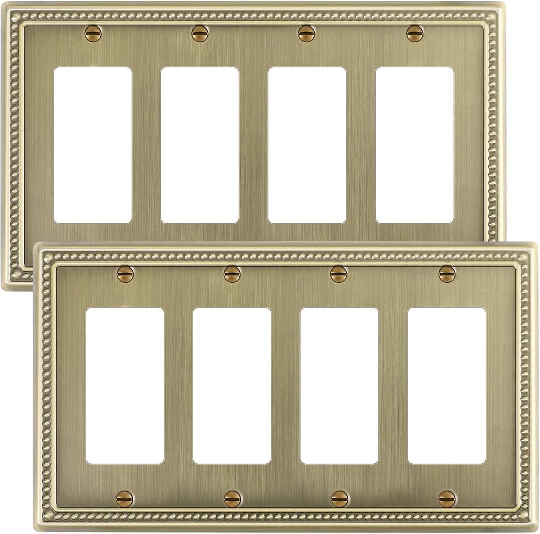 2-Pack Quad Decorator Outlet Cover Plate, Pearls Decorative Switch Plates and Outlet Covers, 4 Gang Antique Brass Metal Wall Plates, Corrosion Resistant