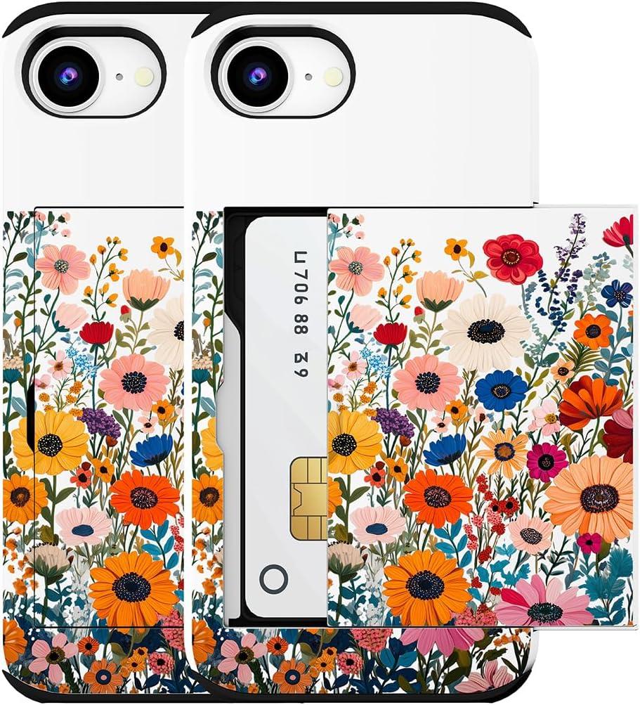 Compatible for iPhone 16e Case with Card Holder Cute - Kawaii Design Military-Grade Drop Protection Rugged Wallet Cases for Women (White Vibrant Flowers)