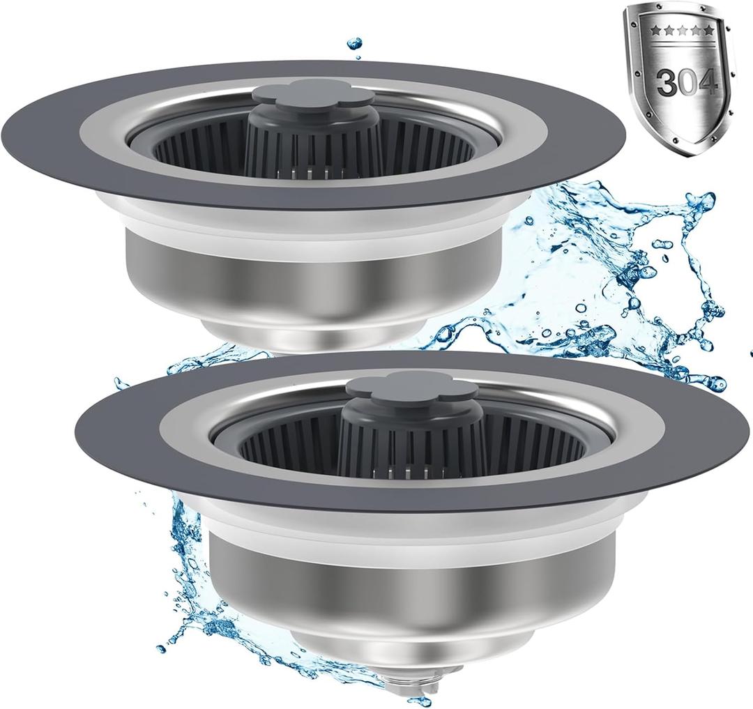 2 Pack - Upgraded 3 in 1 Kitchen Sink Drain Strainer - Stopper Set, Stainless Steel Kitchen Sink Stopper, Pop Up Anti-Clogging Sink Strainer Basket Filter for US Standard 3-1/2 Inch Kitchen Drain,2pcs