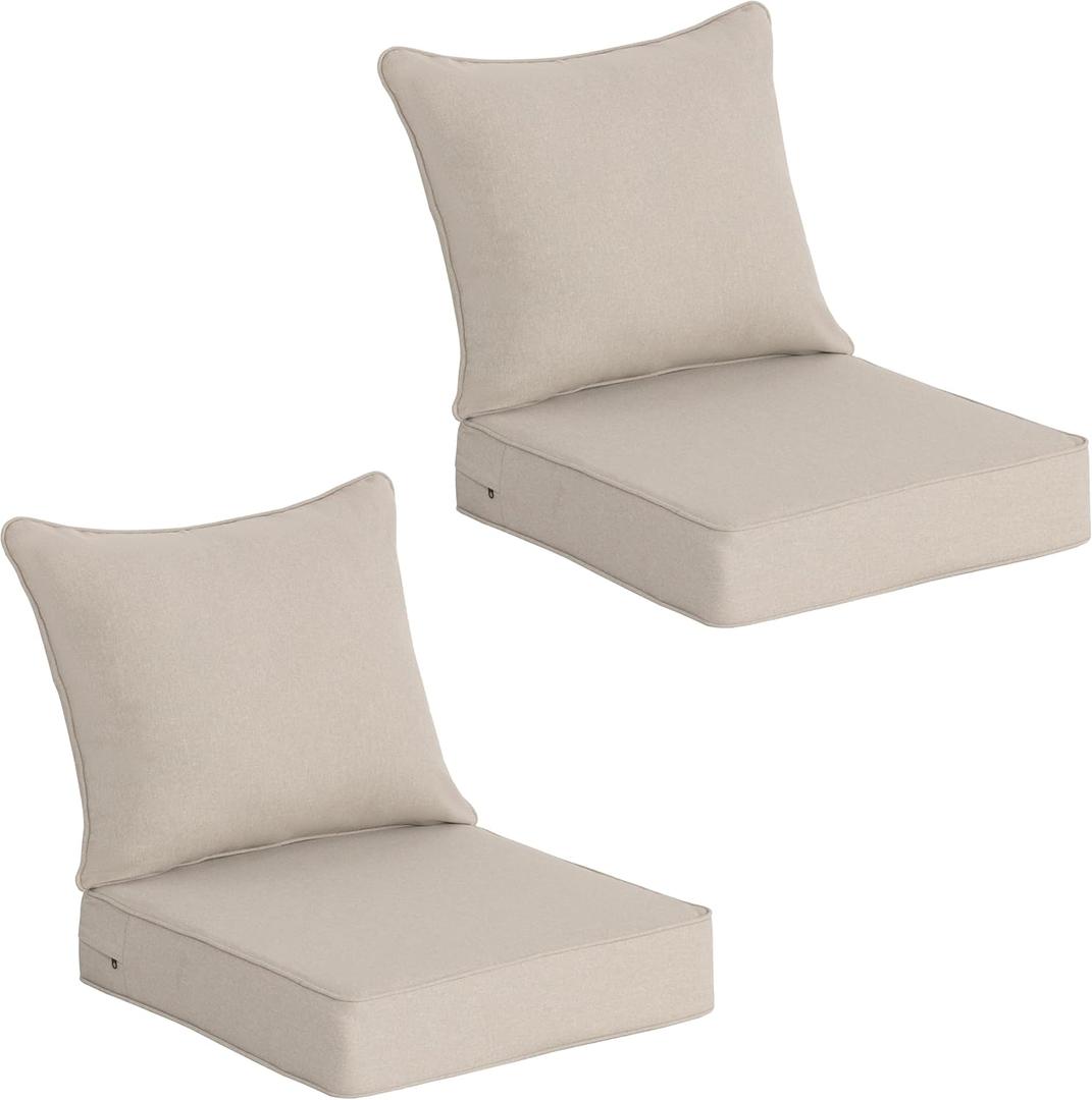 Outdoor Deep Seat Cushion Set of 2, 22"x24"x5.1" Seat & 23"x19" Back, C0 Water-Resistant Breathable Fabric, UV-Resistant 1000+ Hrs, 30D Foam with Recycled Fiber Fill,Natural Linen