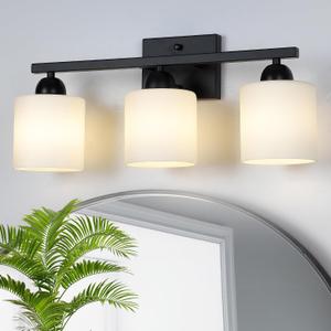 Mecgirn Milk Glass Vanity Lights for Bathroom, 3 Light Matte Black Bathroom Light Fixtures Over Mirror, Ceramic E26 Sockets Wall Mounted