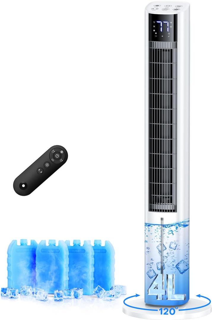 44" Windowless Portable Air Conditioners w/4 Modes & 3 Speeds,12H Timer, 4L Tank for 24H Cooling Evaporative Air Cooler, 4 Ice Packs,17Ft Remote, 120° Oscillating Swamp Cooler Air Conditioner