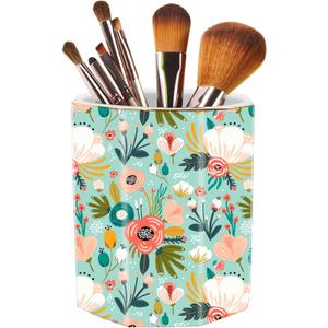 Jwest Pen Holder, Makeup Brush Holder Ceramic Shiny Gold Floral Pattern Pencil Cup for Girls Kids Women Durable Stand Desk Organizer Storage Gift for Office, Classroom, Home Mint Flowers