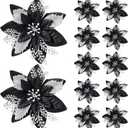 12 Pieces 5.7 Inch Christmas Poinsettia Flower Christmas Glitter Artificial Flower with Clips Xmas Tree Ornament for Wreath Garland Party Decor (Black,Silver)