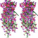 Artificial Hanging Flowers for Outdoors Decorations 2 Pack, Fake Hanging Flowers, UV Resistant Artificial Hanging Plants outdoors for Home Porch Patio Balcony Baskets Yard(Purple & Rose Red)
