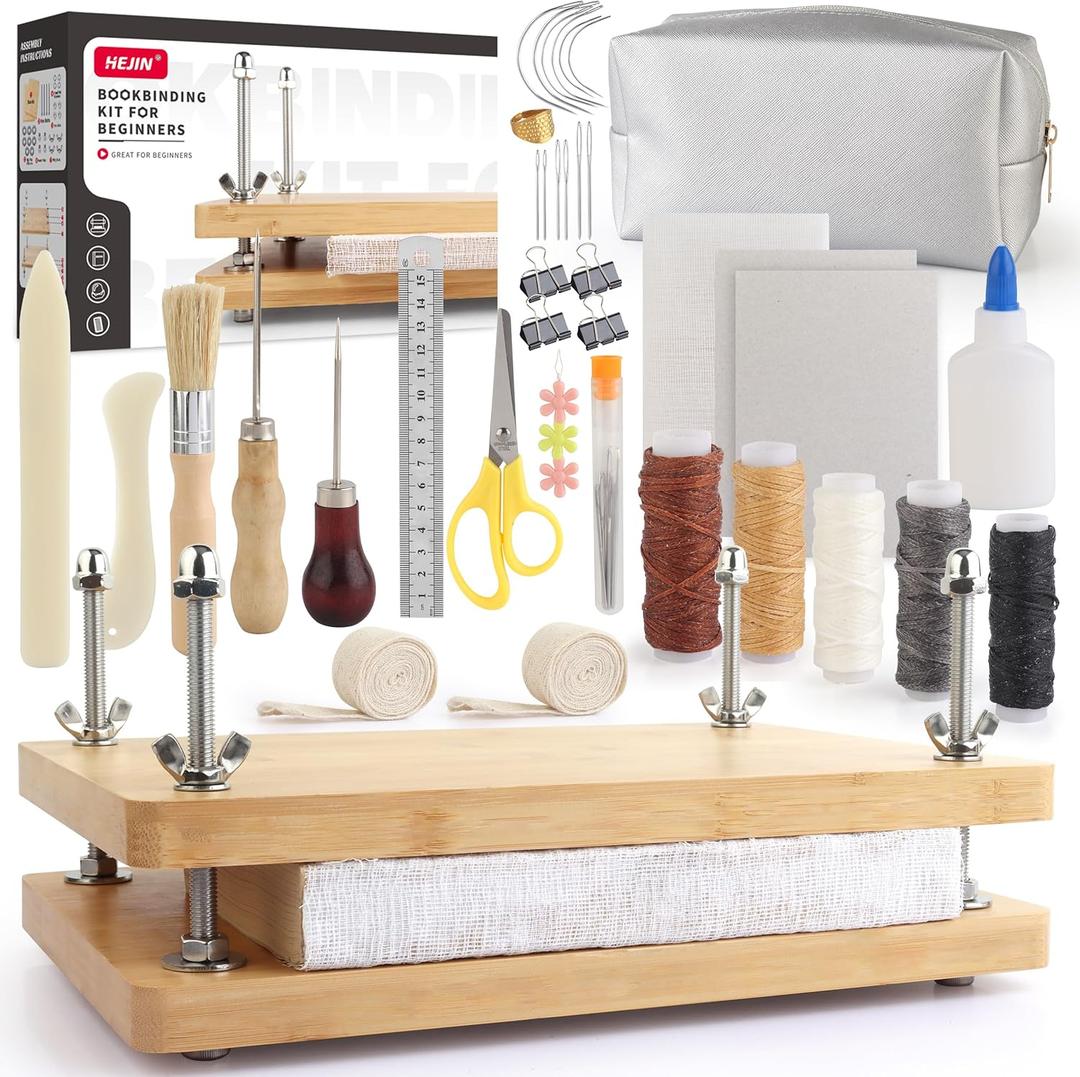 HEJIN Book Binding Kits, Book Press with Plastic Bone Folder, Waxed Thread, Book Binding Materials for Beginners Bookbinding Supplies, 11.6 x 7.8 Inches