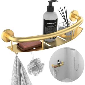 Gold 18-inch Safety Grab Bar with Storage Shelf for Bathtub or Shower, Drainage Holes, Stainless Steel, Wall Mounted Grab Bars for Elderly Injured Balance Support