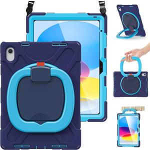 BRAECN Case for iPad (A16) 11th/10th Generation 11/10.9'' 2025/2022, Heavy Duty Shockproof Cover with Pencil Holder/Screen Protector/Rotating Handle Grip/Stable Kickstand/Shoulder Strap, Navy Blue