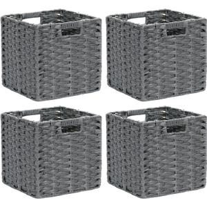 DULLEMELO Wicker Storage Baskets for Shelves, Plastic Woven Cube Storage Bins Set of 4, 11x11x11 inch Foldable Wicker Baskets for Shelves,Closet, Clothes, Toys-Grey