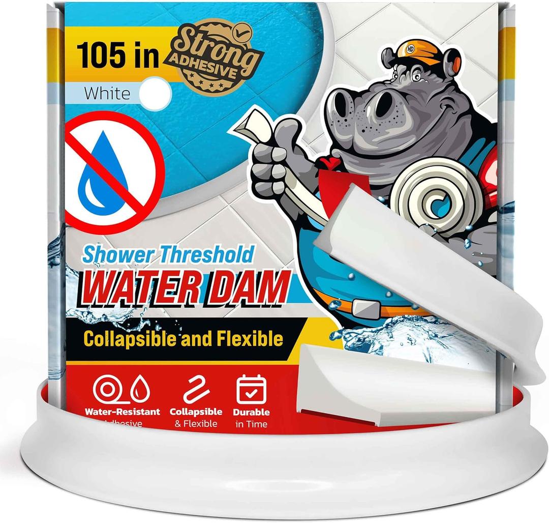 Shower Threshold Water Dam Barrier 105" - White Collapsible Shower Water Blocker - Guard for Walk in Shower - Water Guard Stopper for Floor - Shower Door Water Blocker by Hippo Dam