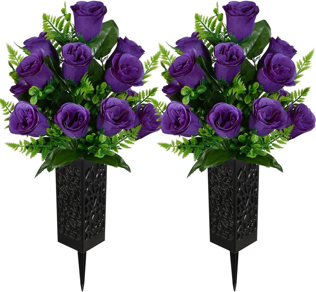 Artificial Cemetery Flowers, Grave Memorial Flowers, Set of 2 Artificial Rose Bouquet with Vase for Cemetery Headstones Gravesites Decoration (Purple)