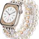 VISOOM Beaded Bracelet Compatible for Apple Watch Band 42mm/44mm/45mm/46mm Series11 10 9 8 7 Se(3 2 1) Series 6/5/4 Women Fashion Cute Handmade Stretchy Watch Strap for iWatch Bands Series 3/2/1 (C-Pearl Gold)