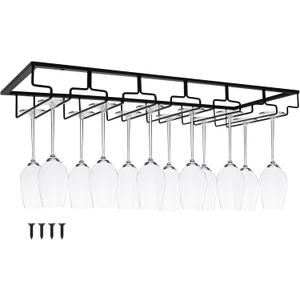 6-Row Wine Glass Holder Under Cabinet, Heavy Duty Metal Hanger | 23.6" Matte Black Stemware Rack for 1218 Glasses, Space Saving Fits Most Wine Glass Styles for Kitchens, Bars and Counters