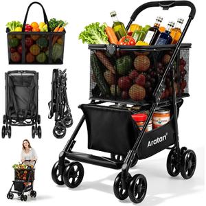 Folding Shopping Cart with Wheels, 2-Tier Portable Grocery Cart Stable Aluminum Frame, 360°Wheels, Removable Tote Bag, Foot Brake, Multifunctional Personal Shopping Carts for Groceries, Black 23.13"D x 42.72"W x 23.62"H