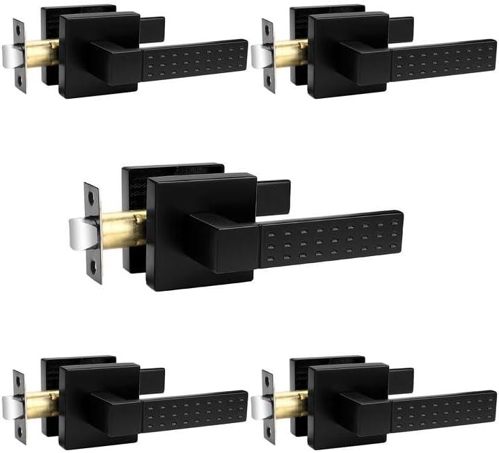 Probrico Square Passage Interior Keyless Door Handle, Heavy Duty Door Knobs for Hall and Closet Doors, Non-Slip Grip Levers for Right/Left Handed Doors, Matt Black, 5 Pack