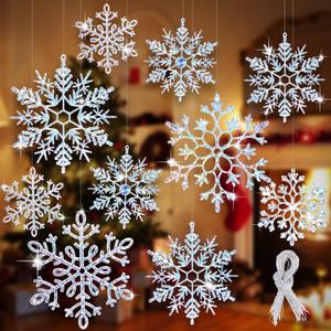 8pcs Large Snowflakes Ornaments, Plastic Glitter Snowflakes Hanging, Snowflake Decorations for Christmas Tree Winter Decorations Window Door (8pcs, Stamping)