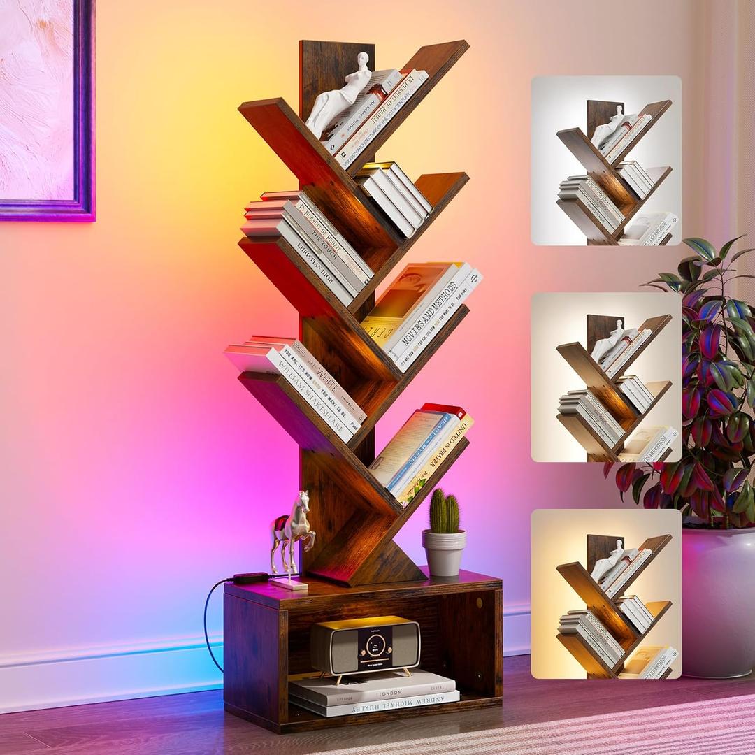 Evermagin 6 Tier Tree Bookshelf with Lights, LED Book Tree Bookcase with Storage Organizer, Small Corner Bookshelf Floor Standing Book Shelf for Living Room, Bedroom & Home Office, Rustic Brown