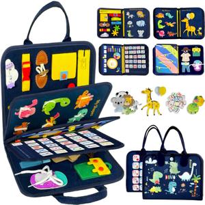 Qizfun Toddler Busy Board Montessori Toys  Sensory Busy Book, Educational Learning Travel Toy for Airplane & Car, Keeps Toddlers Entertained, Birthday Gifts for Toddler Boys Girls (Blue/P8)