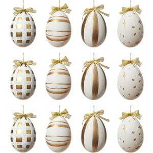 DN DECONATION 12Pcs Vintage Easter Eggs Ornaments Set, White Plastic Hanging Decor with 4 Gold Patterns & Bow for Tree, Spring Home Decor, Table Centerpiece, Easter Basket Filler, Luxury Gift Set