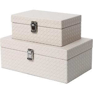 Faux Leather Decorative Jewelry Storage Organizer Boxes Set of 2, Apricot White