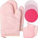 Sumind Pink Oven Mitts and Pot Holders 7 Sets, Heat Resistant Kitchen Gloves Pads Potholders for Mother Women Gifts Pot Holders Kitchen Accessories Gift(Pink White,Rubber Cotton,Stripes)