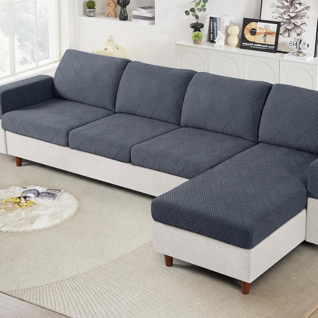 Ruaozz Couch Cushion Covers for Sectional Sofa Stretch Seat Cushion Covers Washable Sofa Slipcovers for L Shaped Soft Furniture Protector Pet Friendly (3 PC Seat + 1 PC Chaise Cover, Grey)