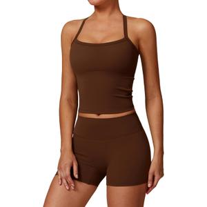Two Piece Workout Sets For Women Tank Top Matching High Waist Booty Lifting Shorts Gym Yoga Active Wear Outfits (Medium, Brown)