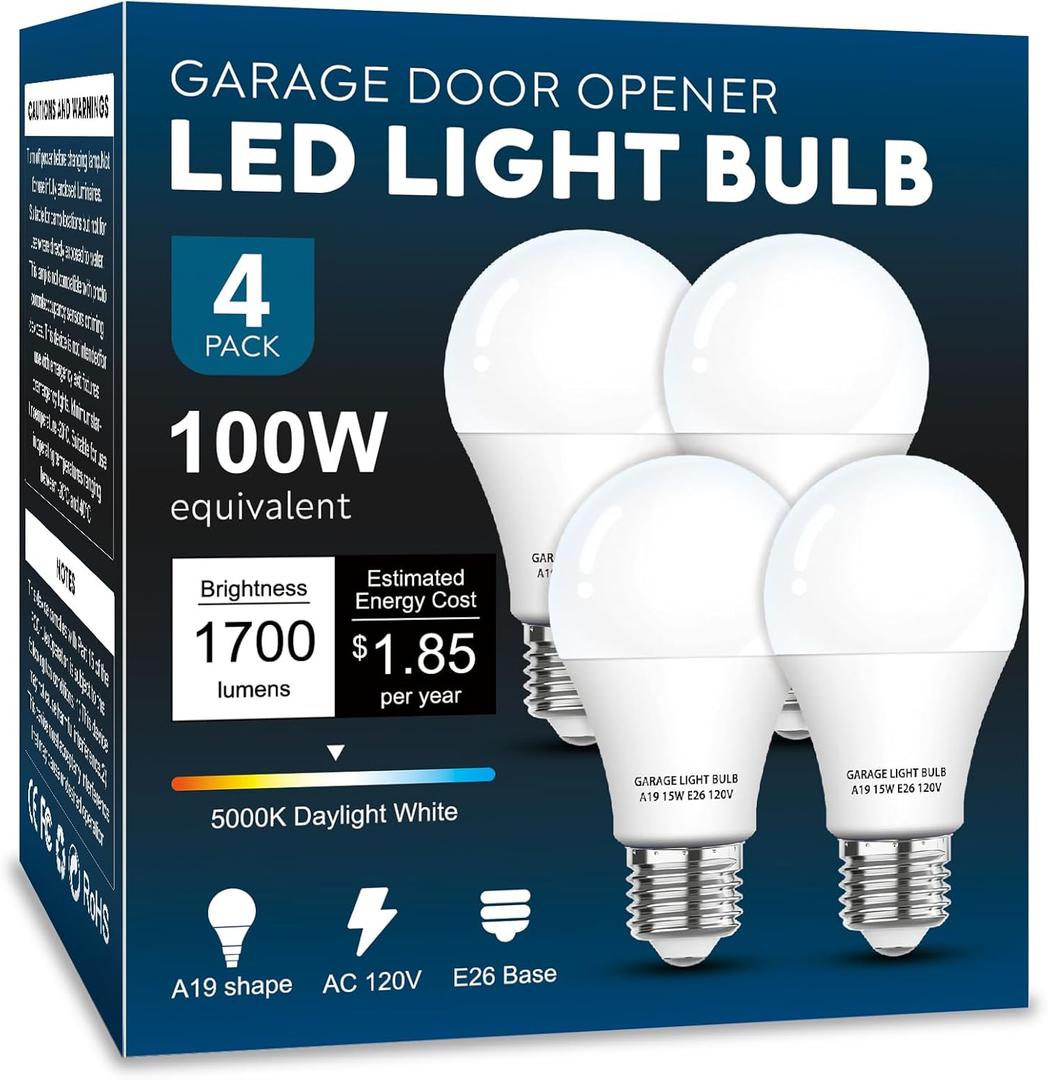 Garage Door Opener LED Light Bulb 4 Pack15W Equivalent to 100W Garage Light Bulb,A19 5000K Daylight White E26 Base 120V Outdoor Light Bulbs,Minimize Interference,Dimmable