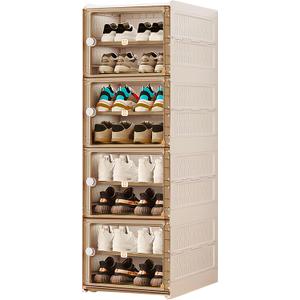 Shoe Storage Box, Foldable Shoe Rack Organizer with Clear Door, No Assembly Sturdy Clear Collapsible Shoe Rack, Shoe Organizer Storage Bin with Lid for Living Room (White, 8 Tiers-16 Pairs)