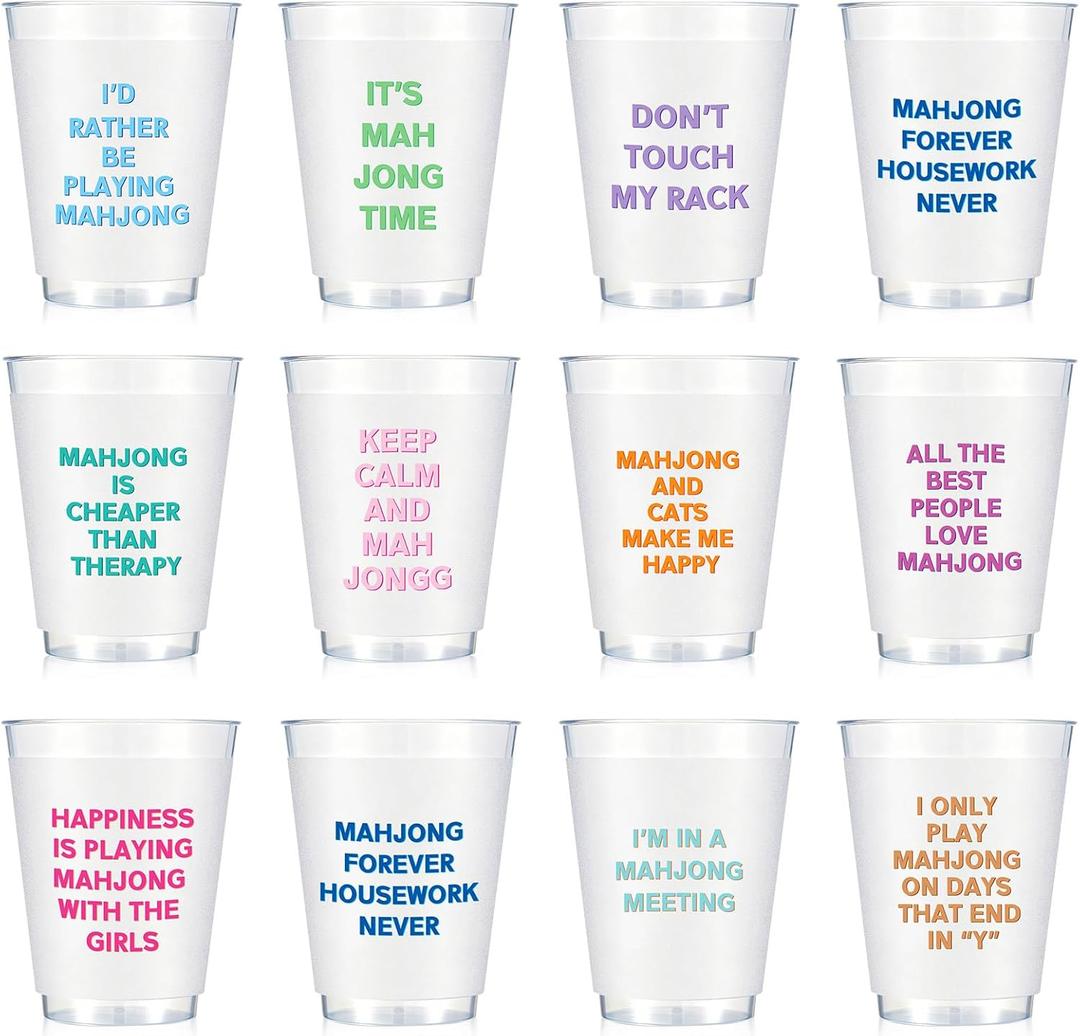 LemonRoad 12 Pcs 16 oz Mahjong Cups Frosted with Multicolor Funny Phrases Mah Jong Party Supplies Reusable Plastic Mah Jong Cups Gifts for Mahjong Game Night Christmas Birthday Celebration Accessories