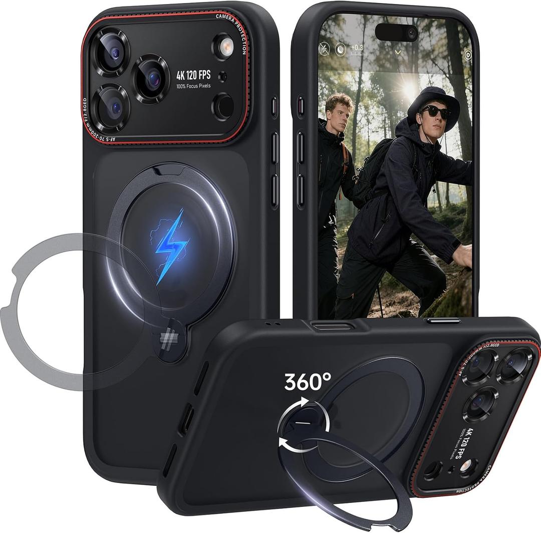 for iPhone 17 Pro Case: 360 Spin Magnetic Stand, Camera Protection (Compatible with MagSafe) [18FT Military Protection] Shockproof Matte Translucent Phone Cover for iPhone 17 Pro 6.3", Black