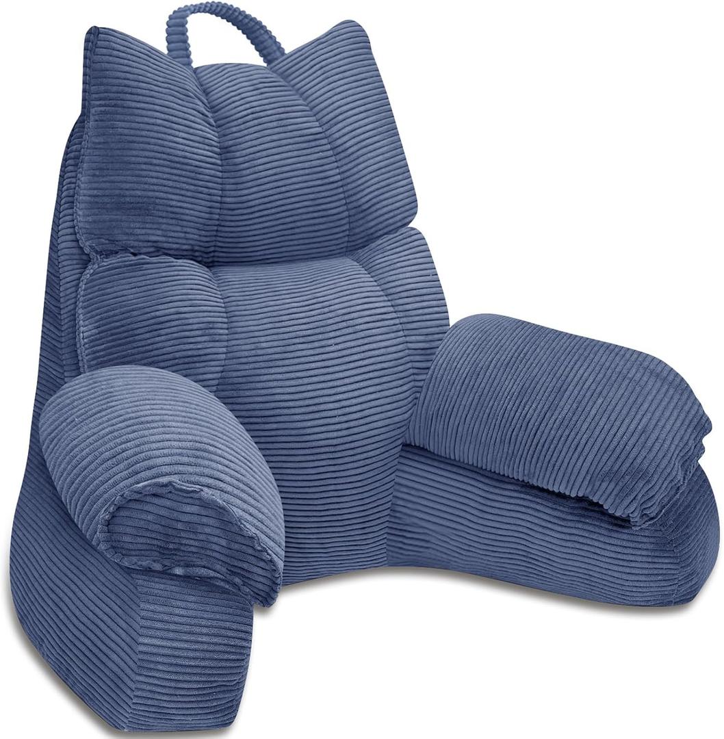RRPAHWTV Reading Pillow for Bed with High Arm Rests ,Back Support Pillow for Sitting Up in Bed with Shredded Memory Foam for Reading, TV, Gaming or Relaxing on FloorDark Blue, Large