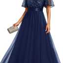 Formal Dresses for Women Prom Evening Gown Sequin Tulle V Neck Ruffle Short Sleeve Empire Waist A Line Long Dress (L)