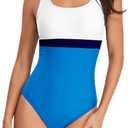 Womens One Piece Swimsuit Scoop Open Back Athletic Training Swimwear Color Block Sport Bathing Suit (White)