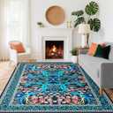 FJKJHKGJ 8x10 Area Rugs for Living Room, Washable Rug Floral Vintage Rugs for Bedroom Non Slip Low Pile Large Blue Boho Carpet Indoor Kitchen Dining Room Office Playroom Floor Mat