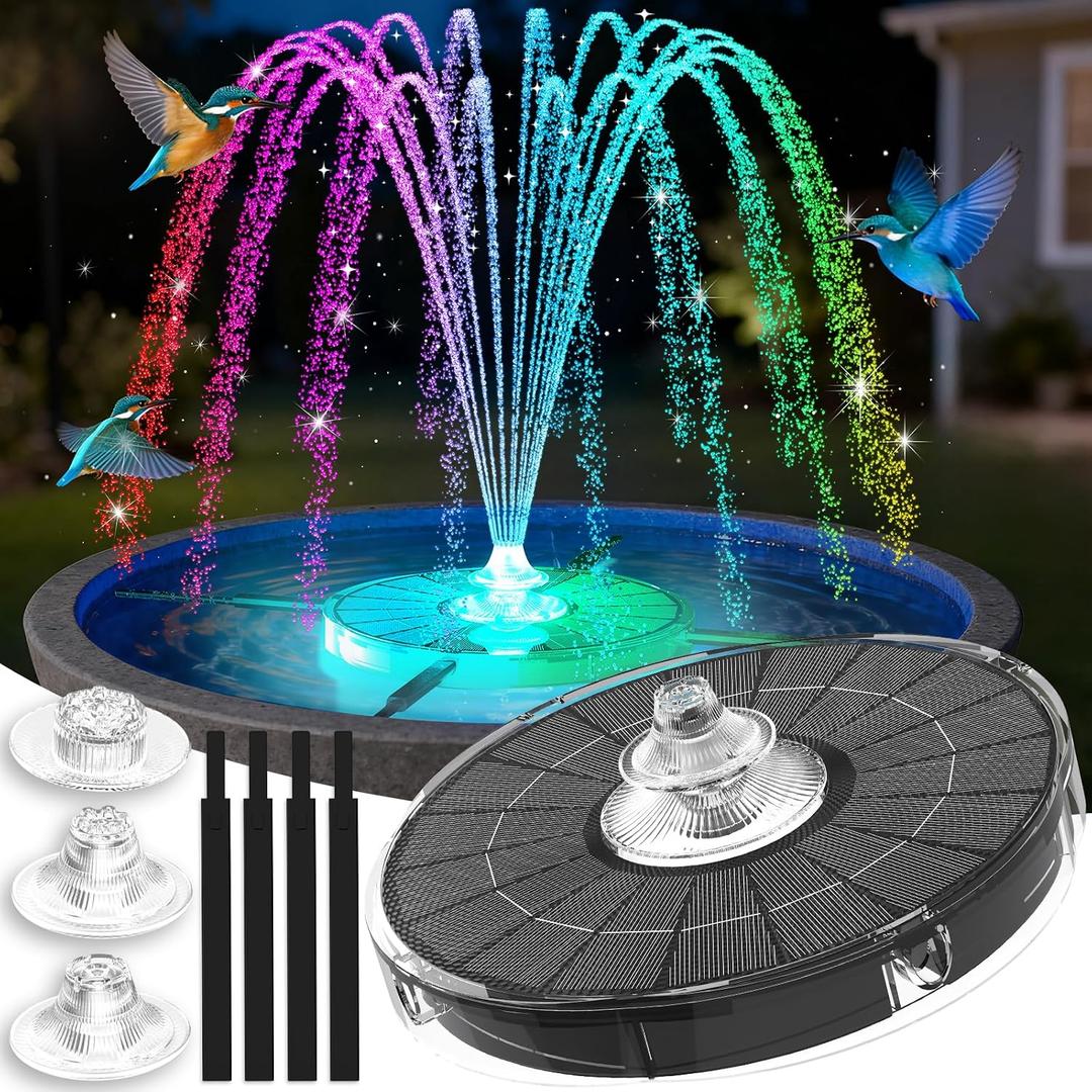 4000mAh Solar Fountain,2026 Solar Bird Bath Fountain Pump,3 Spray Solar Powered Water Fountain with Lights,Floating Birdbath Fountain,DIY Water Bird Bath Fountain for Outdoor,Garden,Pond-Black
