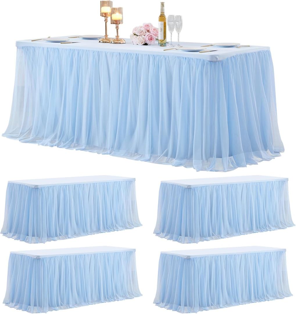 Tulle Tablecloth Table Skirt for 6/8 Foot Rectangle Tables Table Covers with Ruffle Tutu Table Skirt for Wedding Reception Party Birthday, Baby Blue, 4 Pack, 6ft Table Cloth