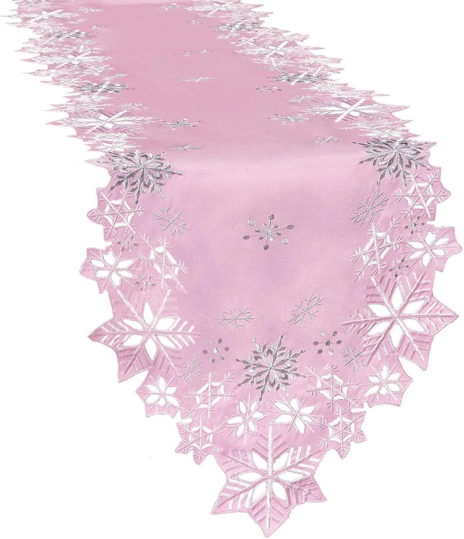 Simhomsen Embroidered Pink Snowflakes Table Runners for Christmas Holiday and Winter (Pink, 1469 inches)