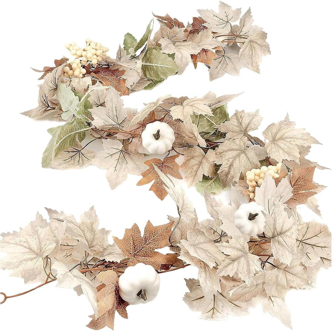 Fall Garland for Mantle  5.9FT Pumpkin Halloween Garland with Berries, Autumn Harvest Foliage | Indoor Outdoor Fireplace Shelf, Porch Table Bookshelf Centerpiece for Festival Party Decoration