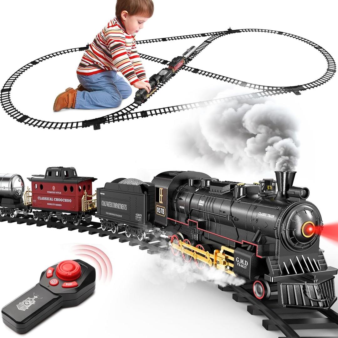 Hot Bee Train Set for Boys, Alloy Remote Control Train Toys with Steam Locomotive Cargo Cars Tracks, Trains with Realistic Smoke Sound Lights, Christmas Train Toys Gifts for 3 4 5 6 7 8+ Years Old Kids