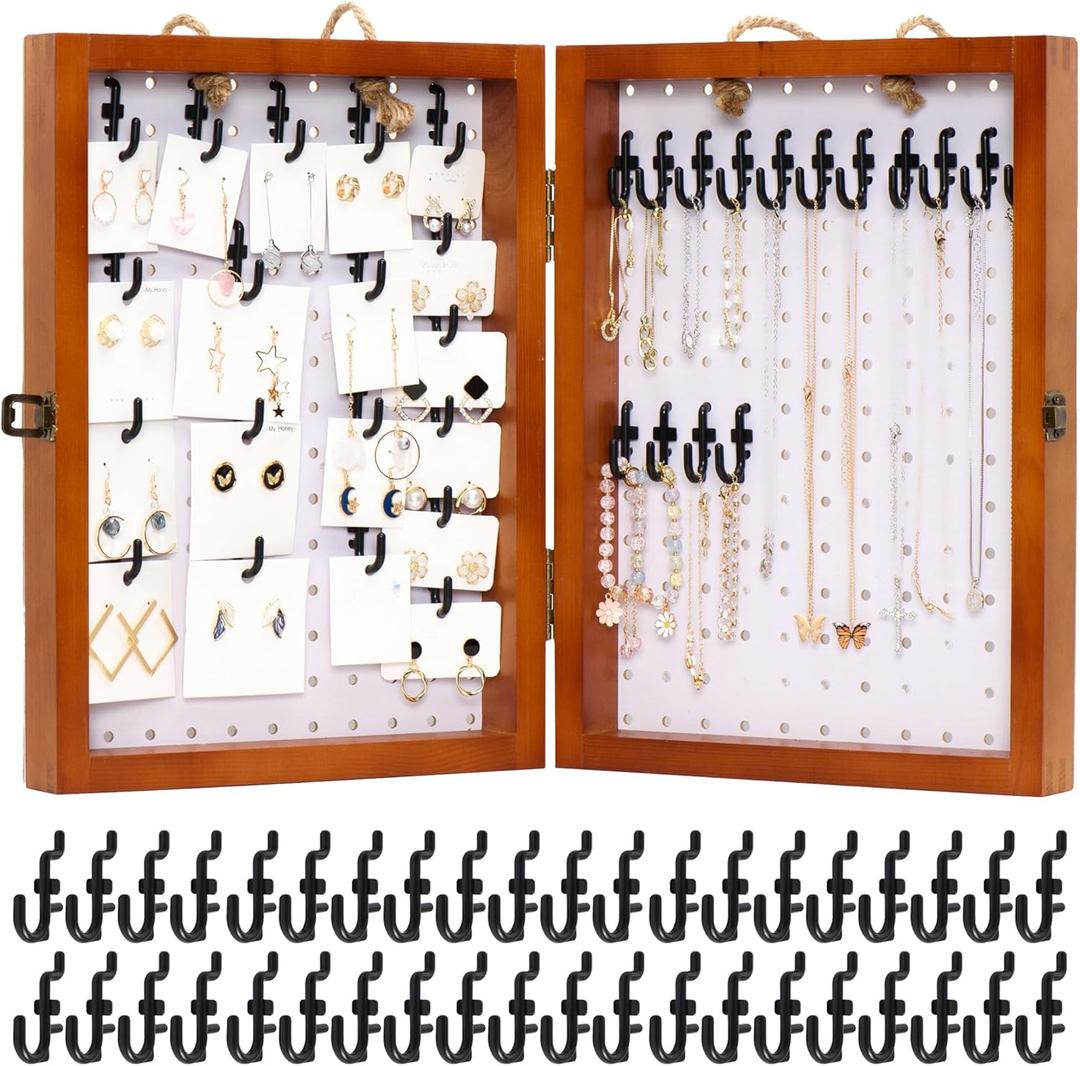 Folding Peg Board Display Stand For Vendors 40 Hooks Included - Jewelry Display For Craft Show - Tabletop Pegboard Earring Display For Vendor Event - Bracelet Display Rack For Selling Keychain (Brown + White)